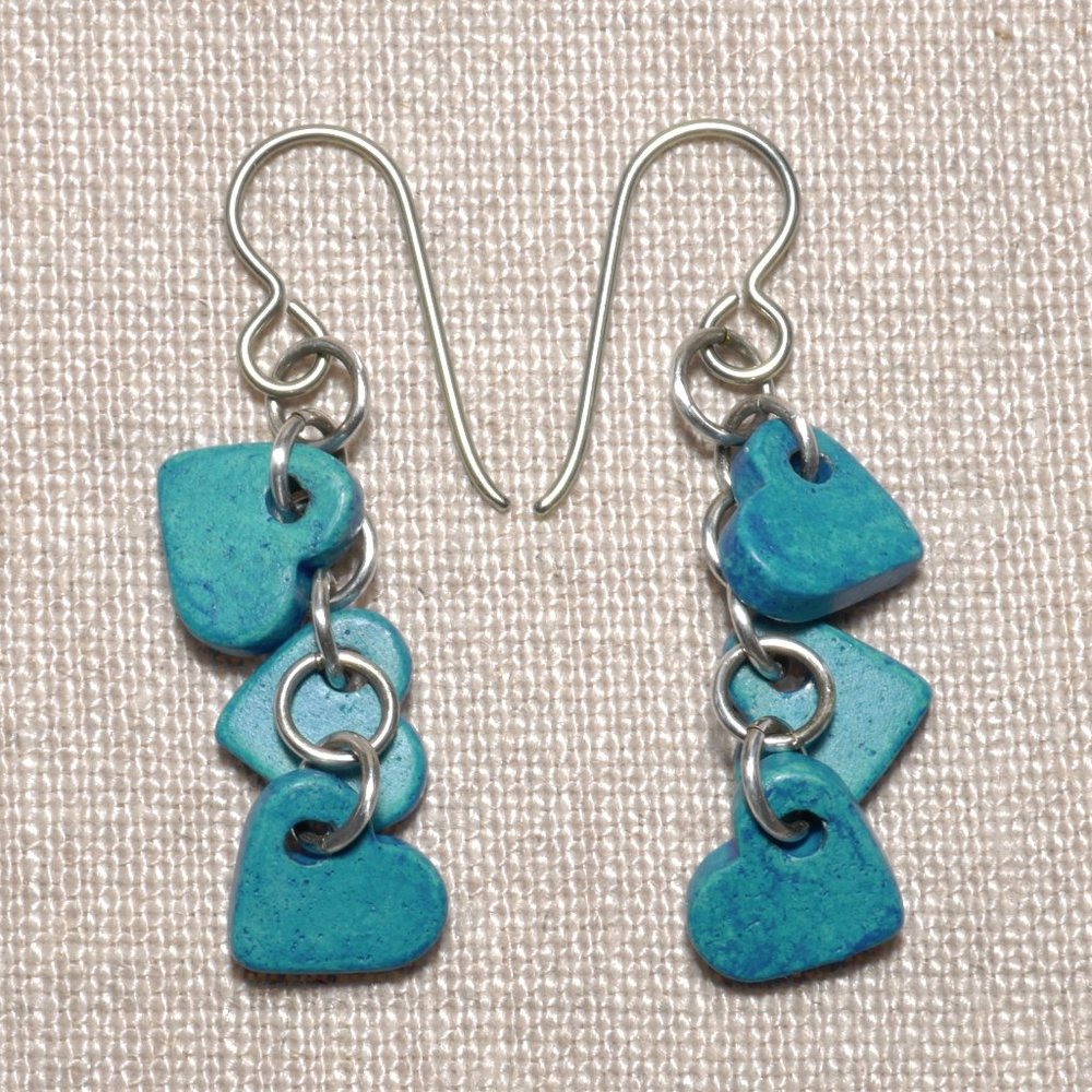 Hand Crafted Handmade Earrings Turquoise Ceramic Chain of Hearts Long Ea…